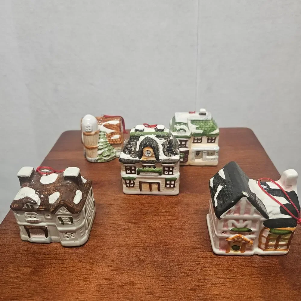 Vintage Ceramic Christmas Village House Hanging Ornaments set 5